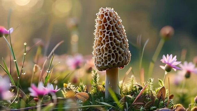 Close-up of an upright morel mushroom among pink wildflowers in a dewy meadow at sunrise, magical forest floor with soft bokeh and warm golden light