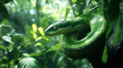Fototapeta premium The Graceful Movement of the Emerald Tree Boa in its Natural Habitat