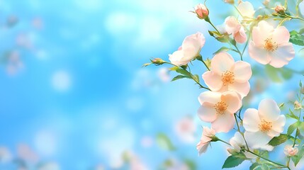 Obraz premium Soft pink blossoms on delicate branches against a dreamy blue sky with gentle bokeh light effects in spring