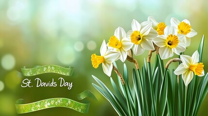 St. David's Day celebration with blooming white and yellow daffodils and a green ribbon banner in a spring meadow