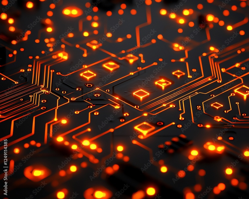 Poster illuminated circuit board intricate network. stock photo