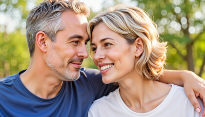 Fototapeta premium Joyful connection between happy couple in nature, love and intimacy