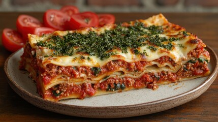 Delicious lasagna with meat, cheese, and tomato slices.