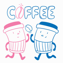Blue and pink coffee cups high five and smile in hand drawn style, coffee inscription with coffee bean, paper coffee packaging