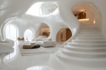 Modern interior featuring smooth, flowing white architectural forms and elegant furniture
