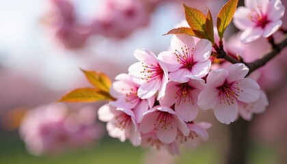 Obraz premium CloseUp Pink Cherry Blossoms Against Blurred Background: Delicate Petals Against Deep Green Leaves