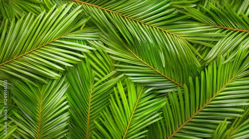 Poster Close up view of overlapping palm leaves creating a vibrant green textured background, highlighting the lush beauty and exotic essence of tropical nature in full detail