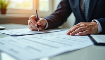 Professional Signing Session: Man in Suit Signs Document Amid Papers and Potted Plant