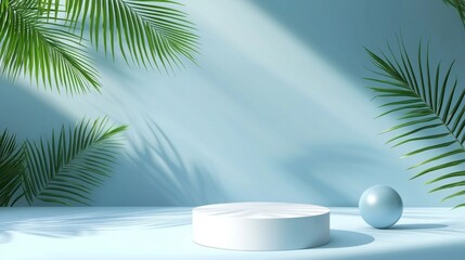 A tranquil light blue space features a sleek white cylinder pedestal, complemented by a green palm leaf and a blue sphere, creating a perfect setting for product presentation