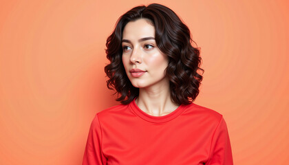 Confident woman gazing thoughtfully, vibrant orange background, expression of self-assurance