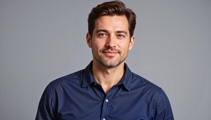 Obraz premium Confident man with slight scruff in navy shirt, approachable demeanor
