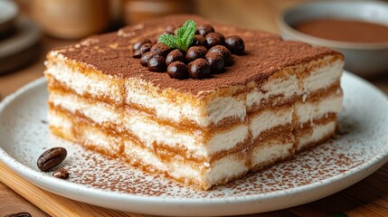 Delicious tiramisu dessert on a plate.