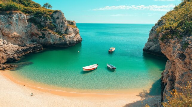 Small boats floating on turquoise water in a secluded beach cove surrounded by rocky cliffs and vegetation, creating a picturesque summer seascape