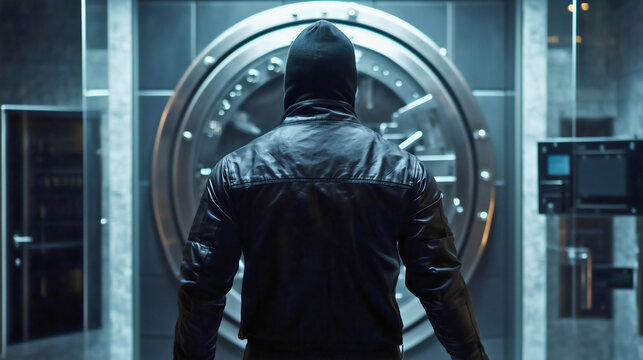 A major bank heist taking place between unknown perpetrators, a thief ready to break into the bank vault and steal all the funds, a thief in the act of robbing the bank.