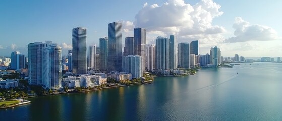 Fototapeta premium Aerial view of a city skyline with skyscrapers along a waterfront.
