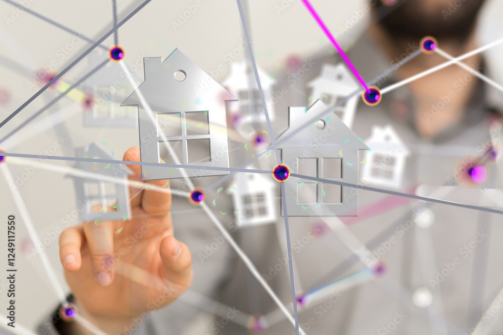 Poster home iot - Neural network 3D illustration. Big data and cybersecurity - 3d