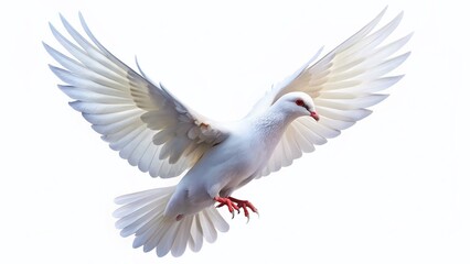 Obraz premium Minimalist White Dove in Flight, Isolated on White Background - Peaceful Bird Stock Photo