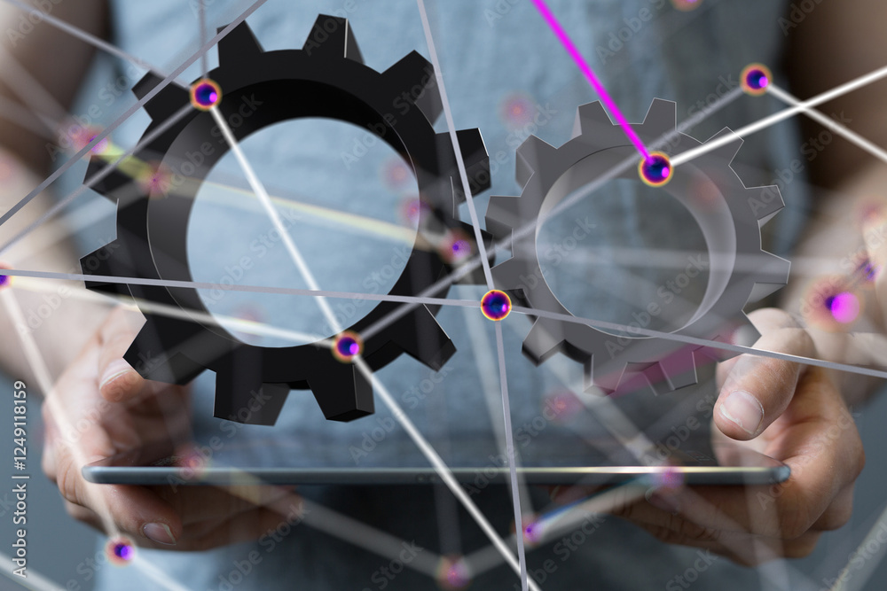 Poster gear system data. Connecting lines and dots.Big data visualization  - 3d
