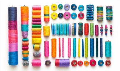 Vibrant Set of Sewing Threads and Accessories on White Background for Crafting, Tailoring, and Creative Projects, 
