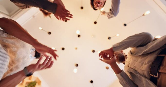 Below, business people and hand stack in collaboration for growth, support and trust in office. Teamwork, corporate group or huddle in agency for synergy, cooperation or applause with unity in circle
