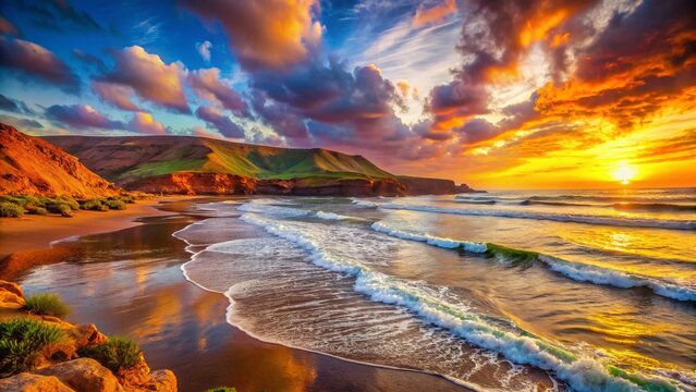 Mirleft Beach Tiznit Morocco: Double Exposure of Ocean Waves and Coastal Dunes