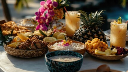 Tropical feast with pineapple cocktails and floral decor at sunset