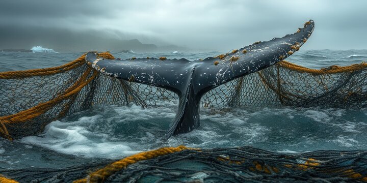 Whale tail trapped in fishing net, commercial fishing, ocean pollution, threat to marine life, nature conservation, wildlife protection, marine ecosystem, industrial fishing, global environmental issu