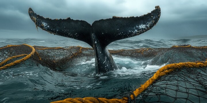 Whale tail trapped in fishing net, commercial fishing, ocean pollution, threat to marine life, nature conservation, wildlife protection, marine ecosystem, industrial fishing, global environmental issu