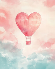 Obraz premium romantic card watercolor drawing of a heart-shaped balloon against the sky for Valentine's Day