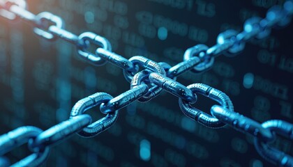 CloseUp of Metallic Chain Against Digital Background with Intricate Details and Shallow Depth of Field