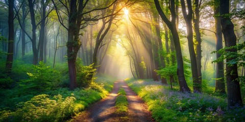 Obraz premium Misty Spring Forest Path: Urban Exploration Photography