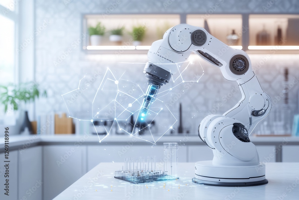 Poster A simple vector illustration of a robotic arm performing a precision experiment in a modern research lab