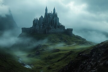 Illuminated medieval castle perched on a misty hilltop