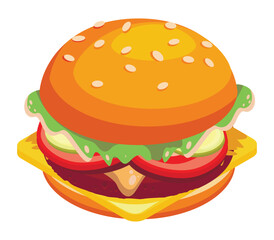 Cheeseburger with bread slices, meat and salad very delicious. Vector illustration.