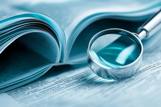 A professional proofreader using a magnifying glass to check fine print details