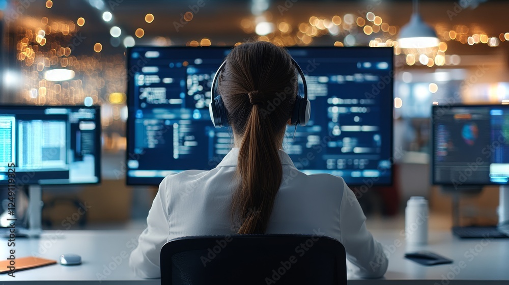 Wall mural professional in headsets manages multiple computer screens in a modern workspace