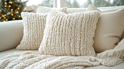 Cozy Knitted Throw Pillows and Blanket on a Sofa