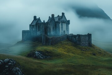 Obraz premium Ancient stone castle enveloped by dense fog on a grassy hill