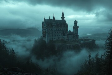 Naklejka premium Majestic castle surrounded by dense mist and towering trees