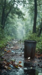 Naklejka premium Forest pollution with plastic, plastic waste on a forest trail, environmental issue, nature conservation, ecological problem, waste in the wild, planetary pollution, plastic crisis, environmental