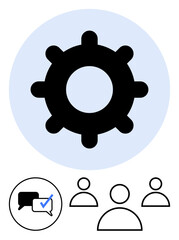 Gear symbol with group icons and chat bubble with checkmark. Ideal for teamwork, communication, collaboration, feedback, decision-making, productivity, and abstract line flat metaphor