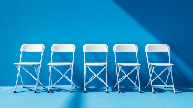 A clean, modern setup with five white folding chairs against a bright blue studio background