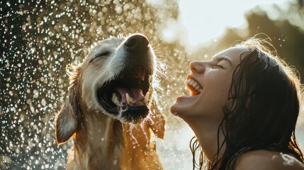 Joyful Moment Between Dog and Owner in Water Splash