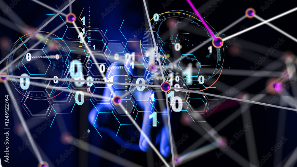 Poster Neural network 3D illustration. Big data and cybersecurity - 3d