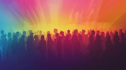 Fototapeta premium Vibrant Crowd Silhouette Against Colorful Gradient Background