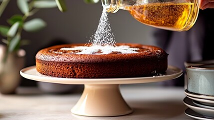 Fototapeta premium Sprinkling Sugar on a Freshly Baked Cake on a White Cake Stand
