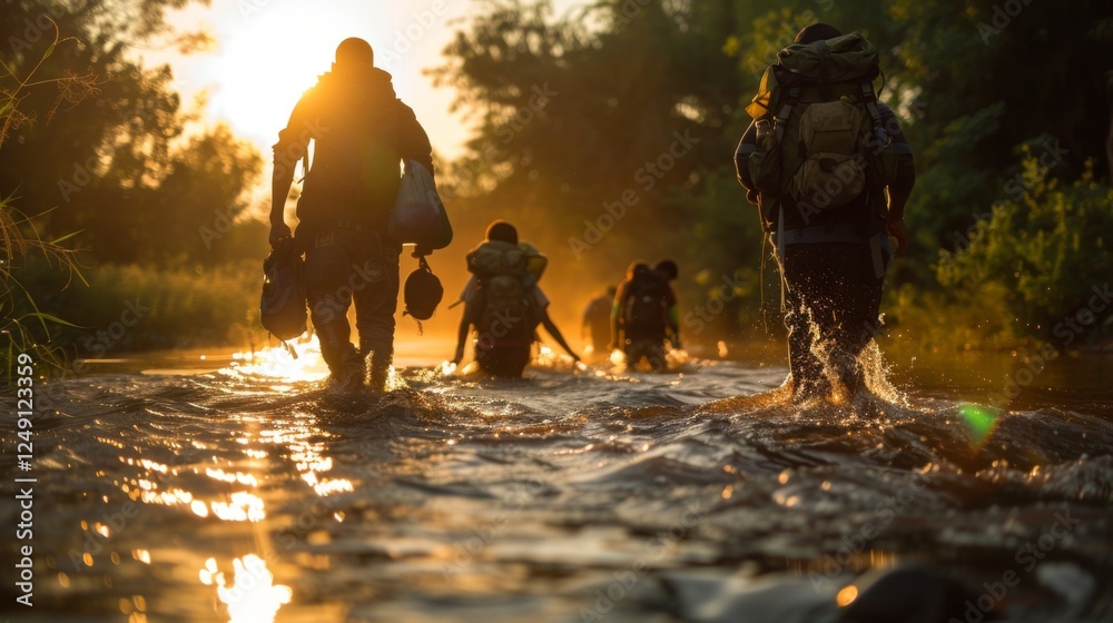 Poster Groups of hikers navigate a shallow waterway in the late afternoon light, each carrying backpacks and equipment while water splashes around their legs as they make their way forward.
