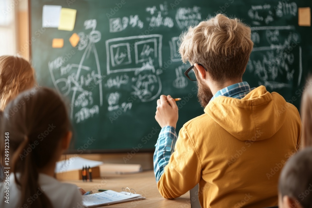 Poster a teacher writing discussion topics on a chalkboard in a classroom filled with students