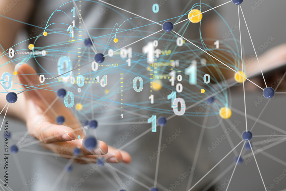 Poster Global network. Blockchain. 3D illustration. Neural networks and artificial intelligence. Abstract  3d
