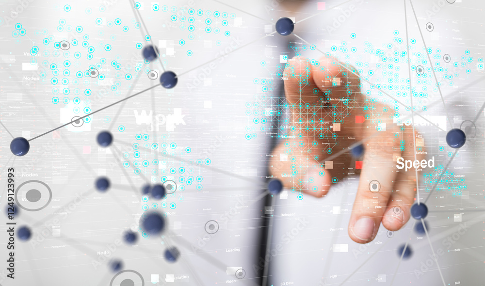 Poster Neural network 3D illustration. Big data and cybersecurity